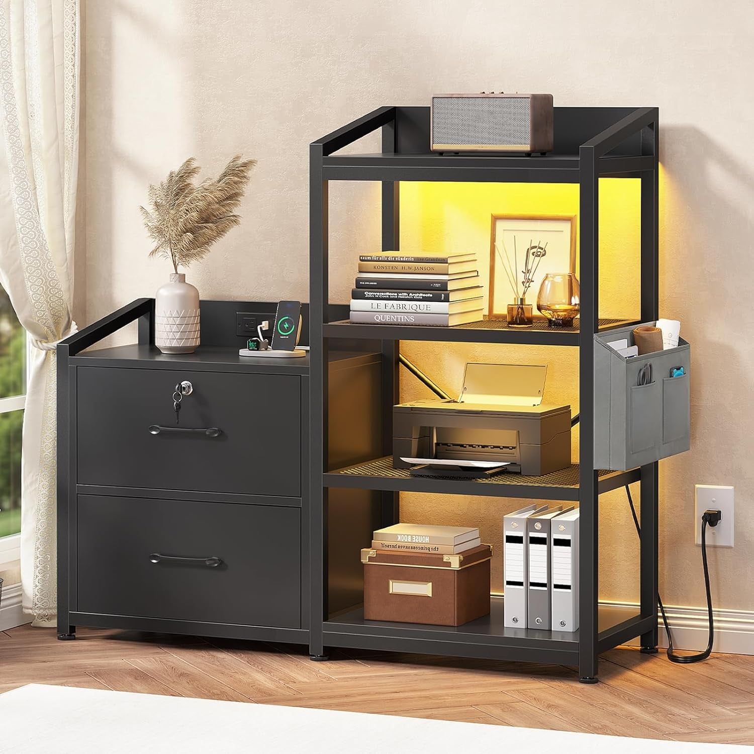 35.4” File Cabinet, Filing Cabinet Fits Letter/A4 Size, 2 Drawe File Cabinets for Home Office with Power Strip, LED Lights, Lock, Open Shelf, Black