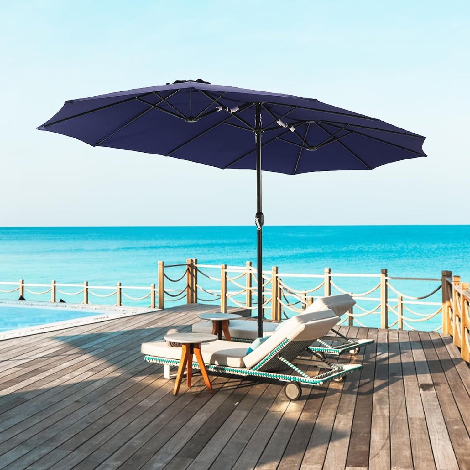 15ft Double Sided Patio Umbrella with Base Blue