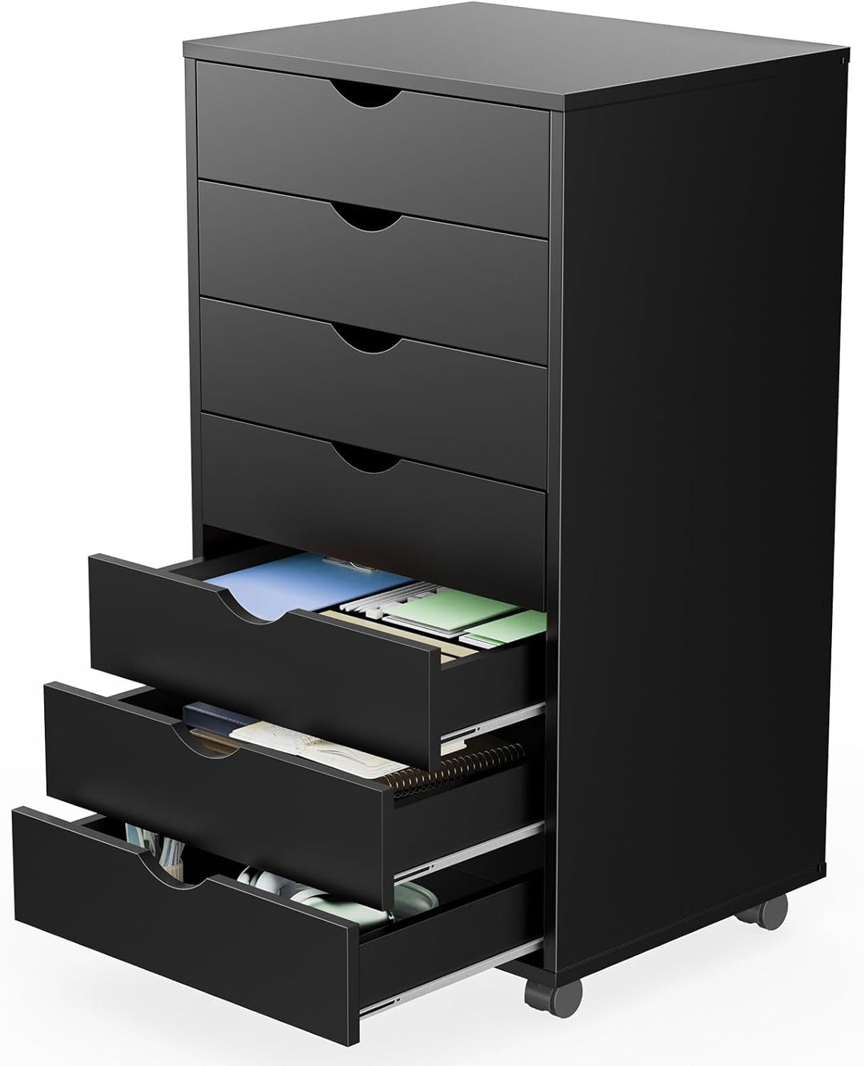7 Drawer Chest Mobile Storage Cabinets Wooden Dresser with Wheels Room Organization Furniture for Office Home, Black Wood