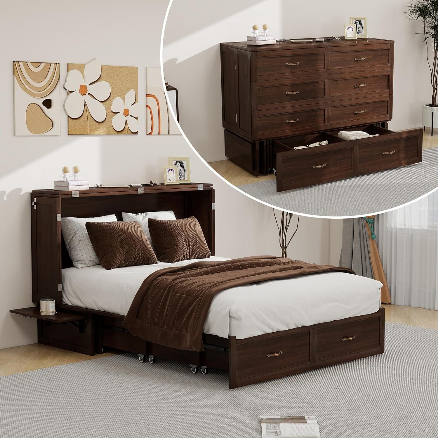 Murphy Bed Full, Solid Wood Cabinet with USB Ports