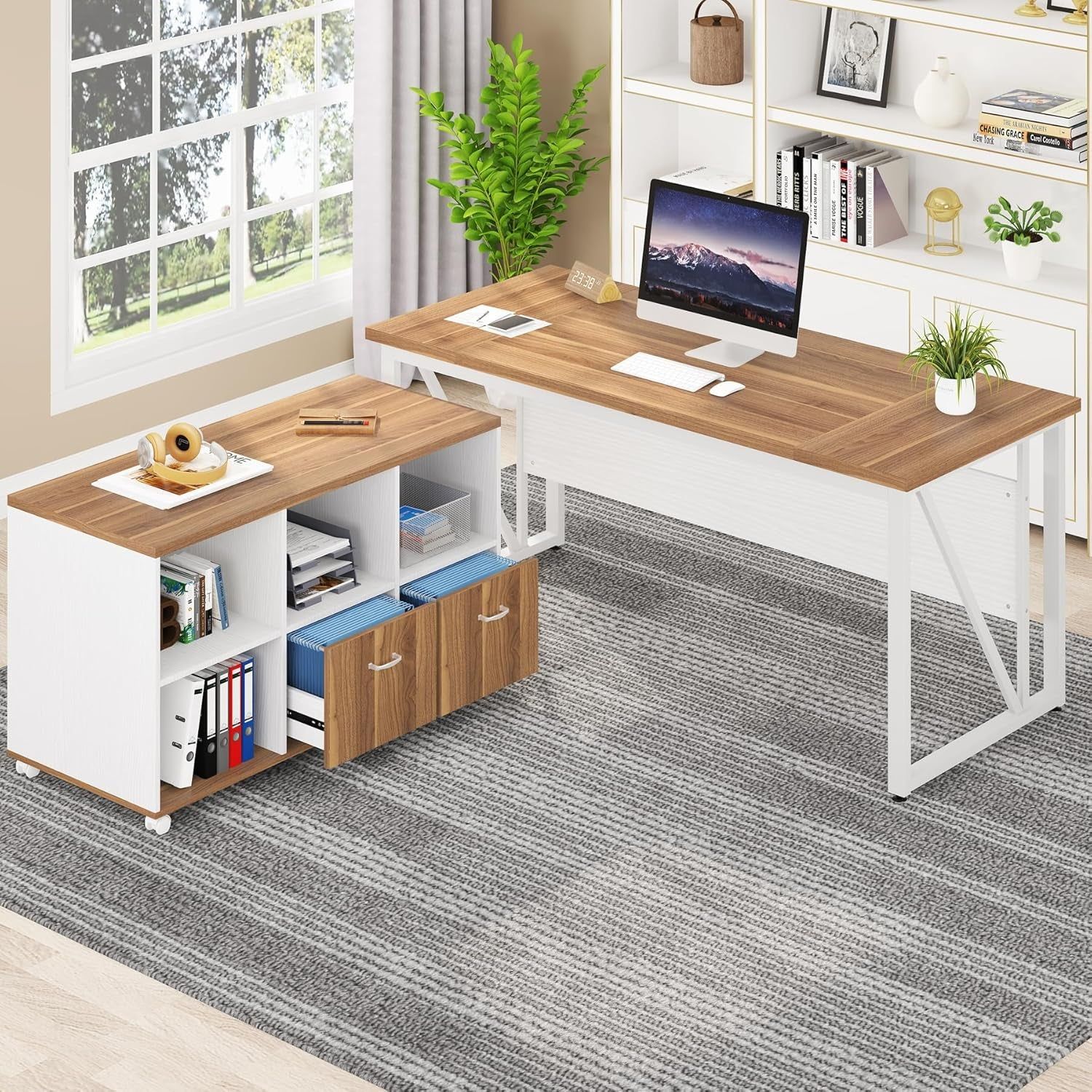 63&quot; L Desk with File Cabinet Walnut White