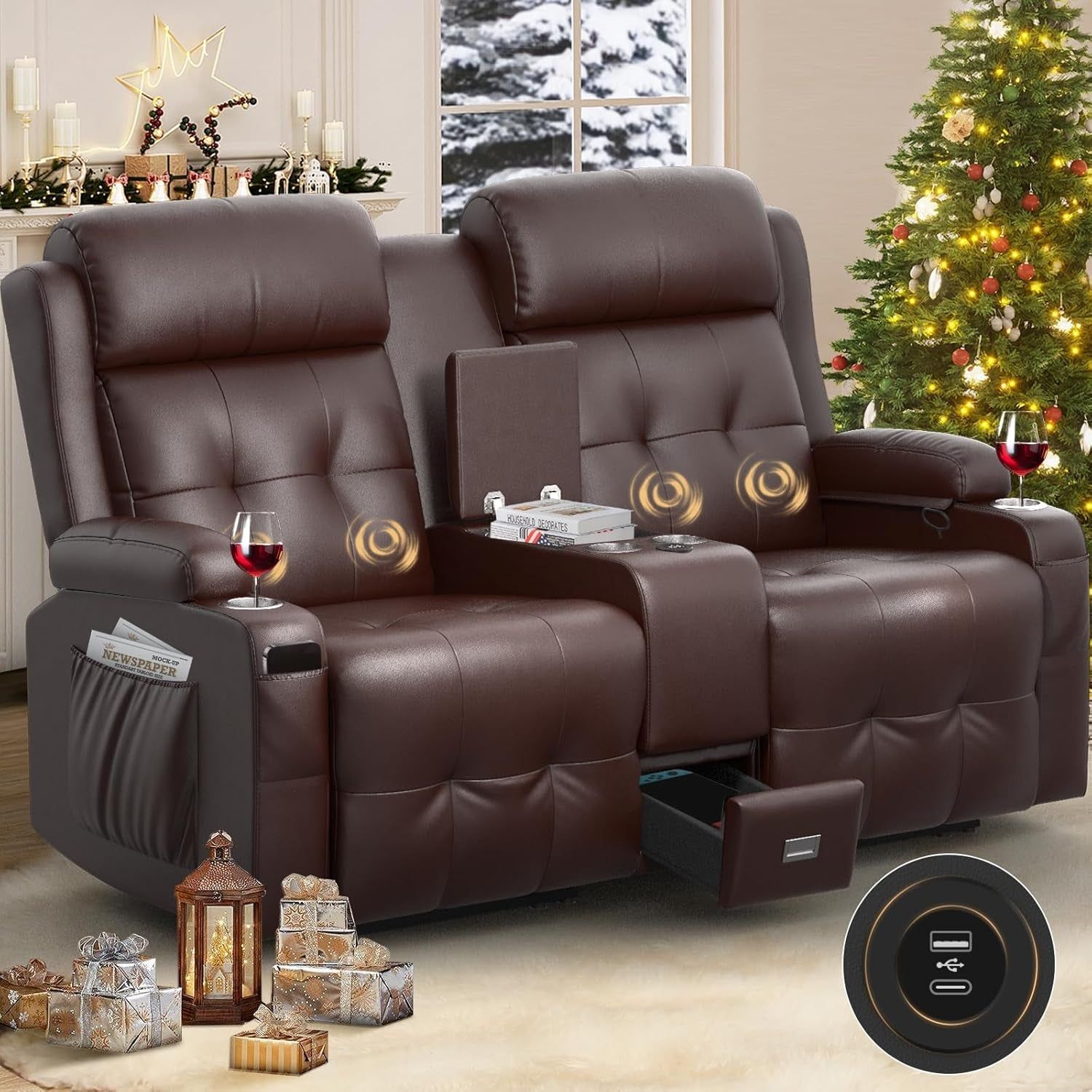 Massage Reclining Loveseat with Console USB Storage