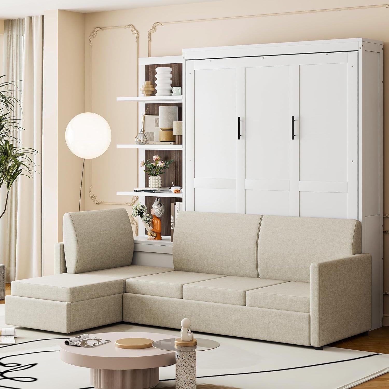 Queen Size Murphy Bed with Sofa and Shelves Gray