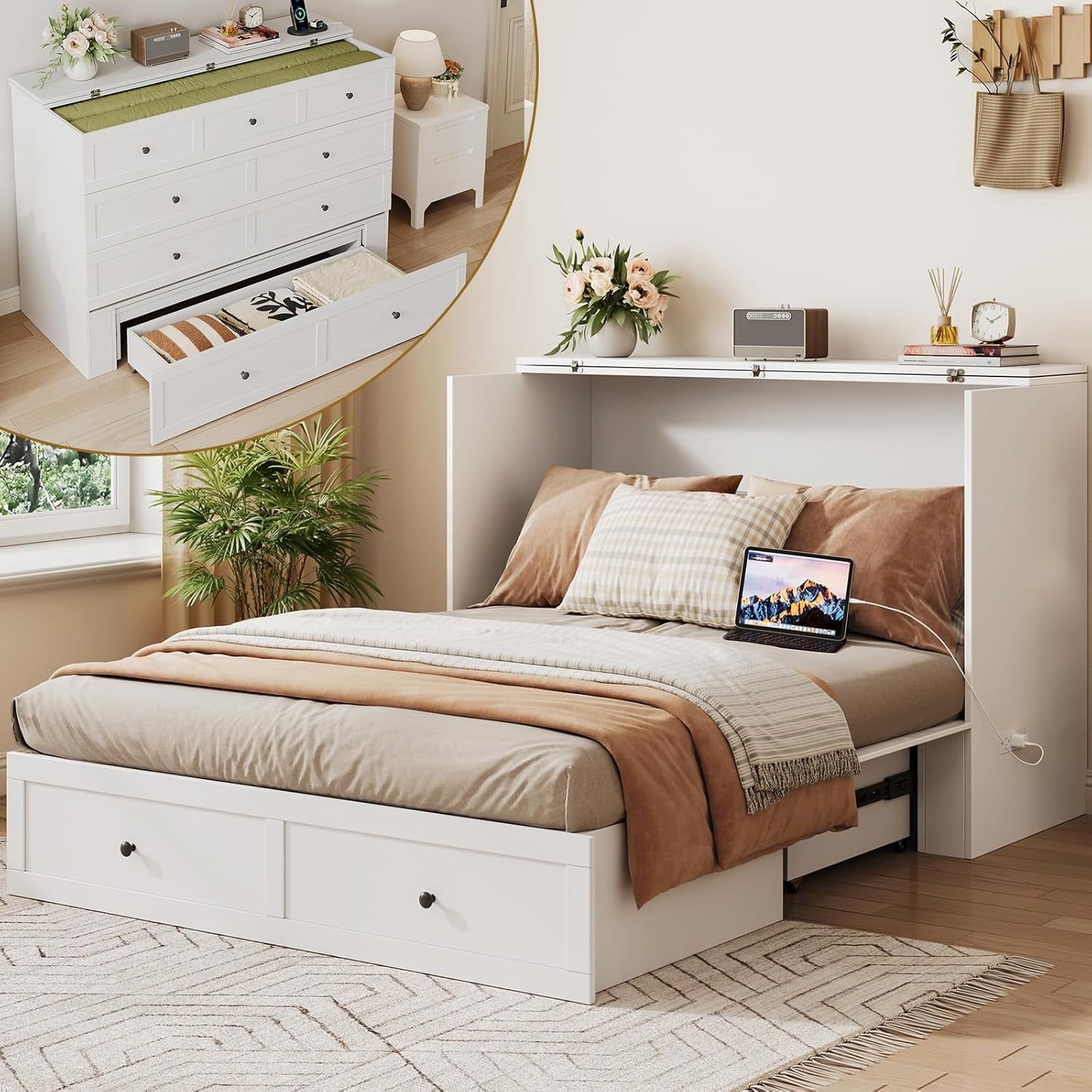 Queen Murphy Bed with Storage and Charging Station