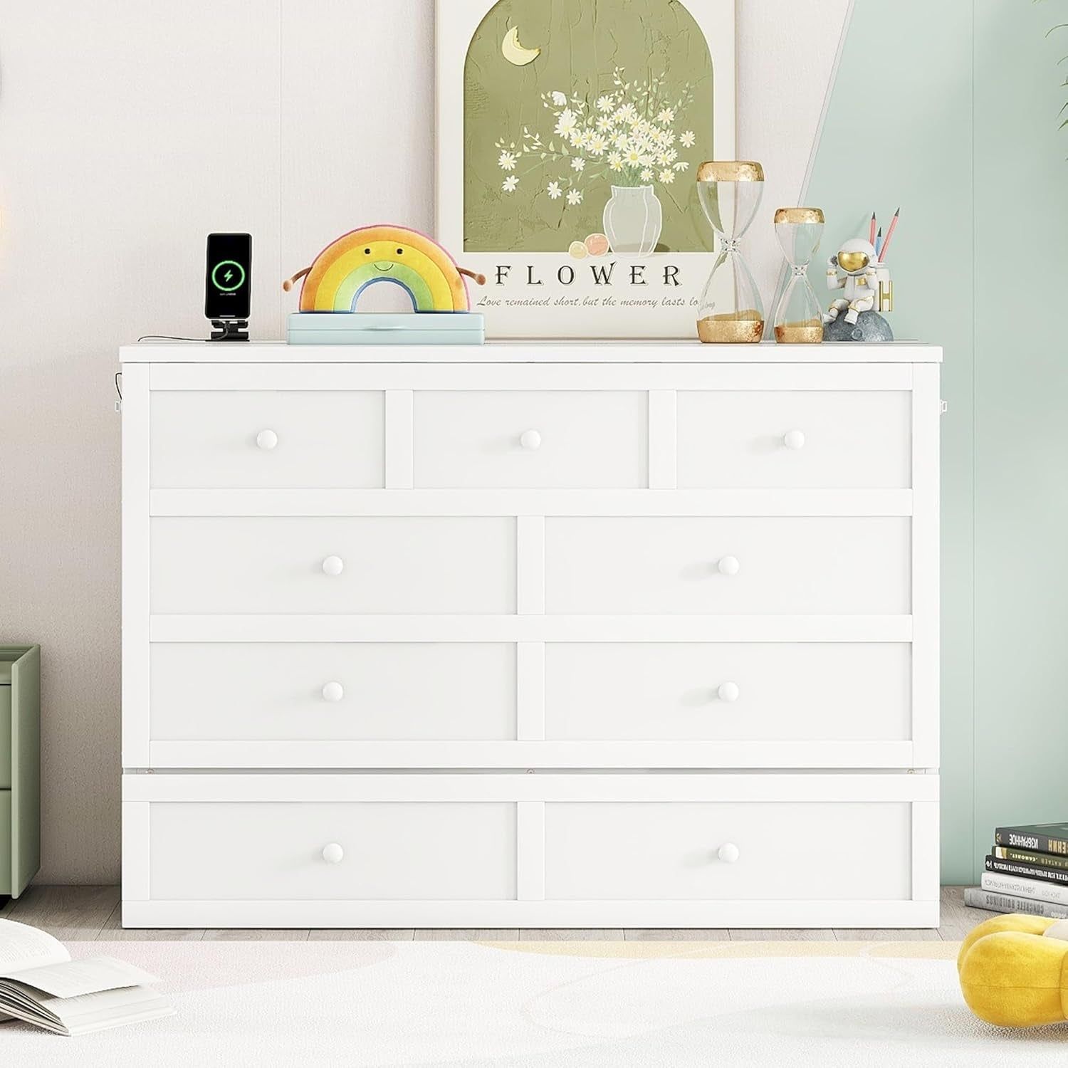 Walnut Queen Murphy Bed Desk Pull-Out Shelves