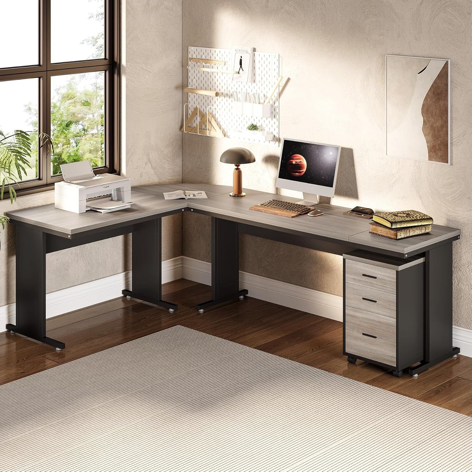 83&quot; Gray Farmhouse L Desk File Cabinet
