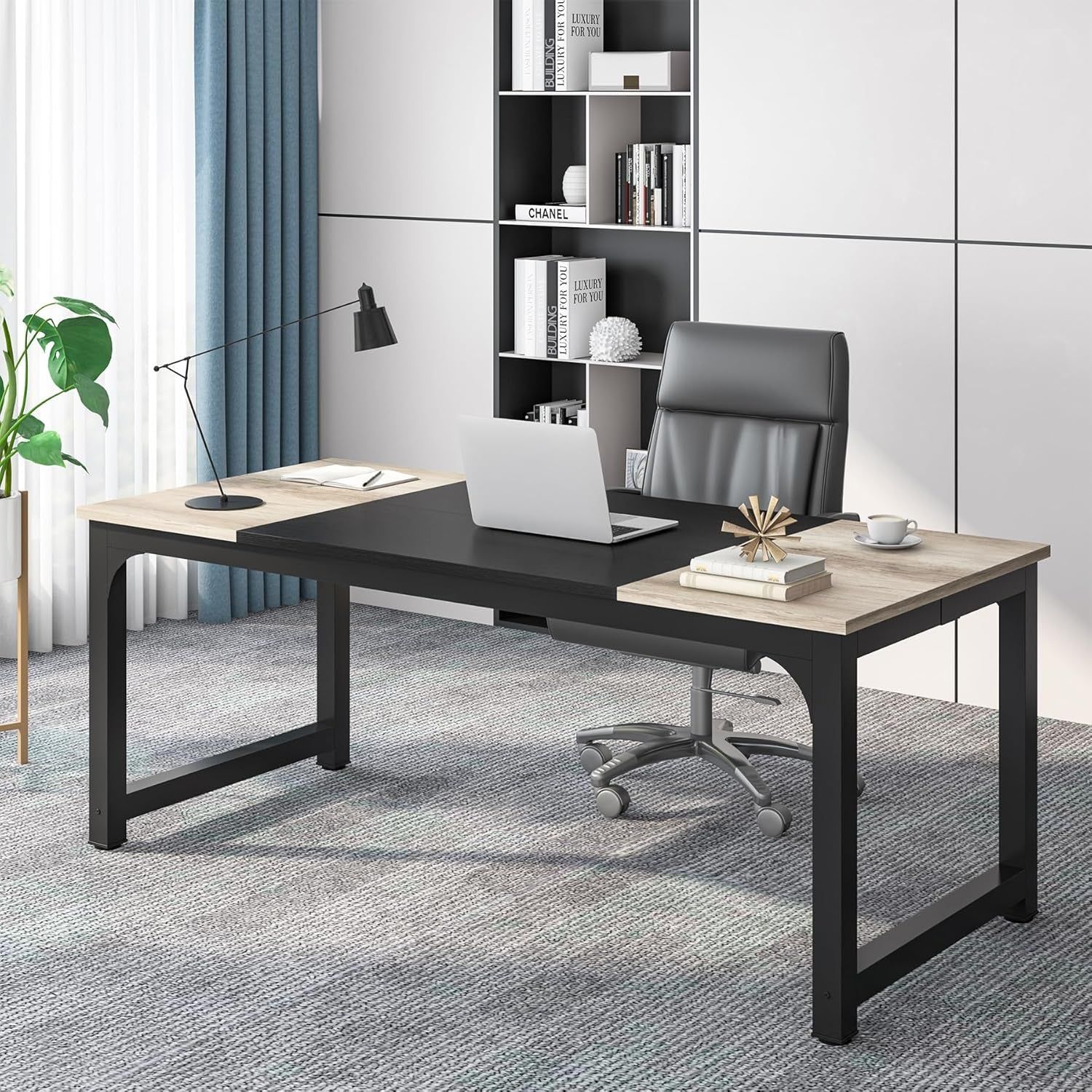 71&quot; Executive Office Desk Large Vintage Grey Black