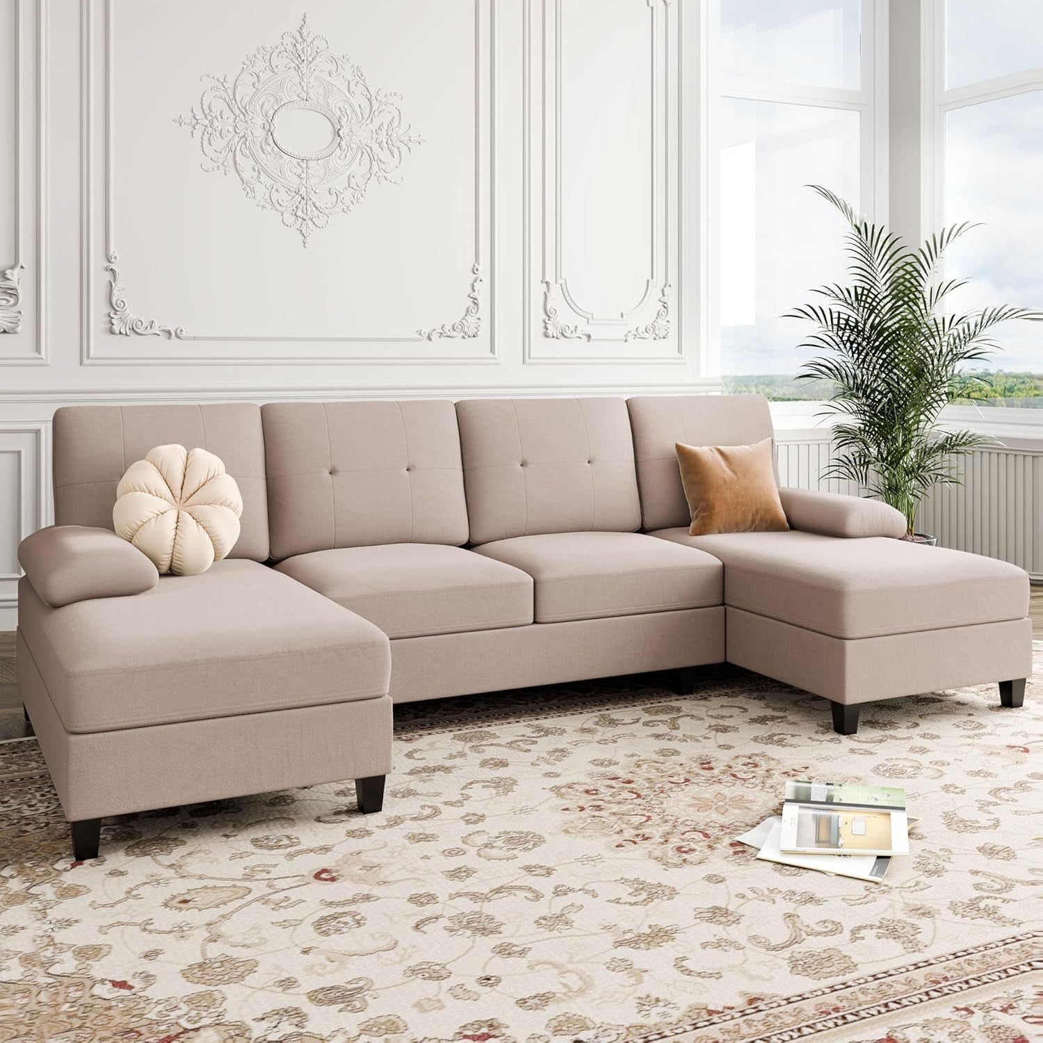 U-Shaped Sectional Sofa with Double Chaise, 4-Seat Linen Fabric Living Room Furniture Set, High-Density Cushions for Ultimate Comfort &amp; Modern Style, Beige