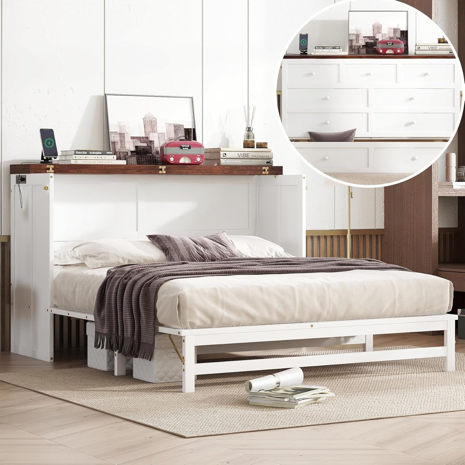 Queen Size Murphy Cabinet Bed with Desk and USB-Port