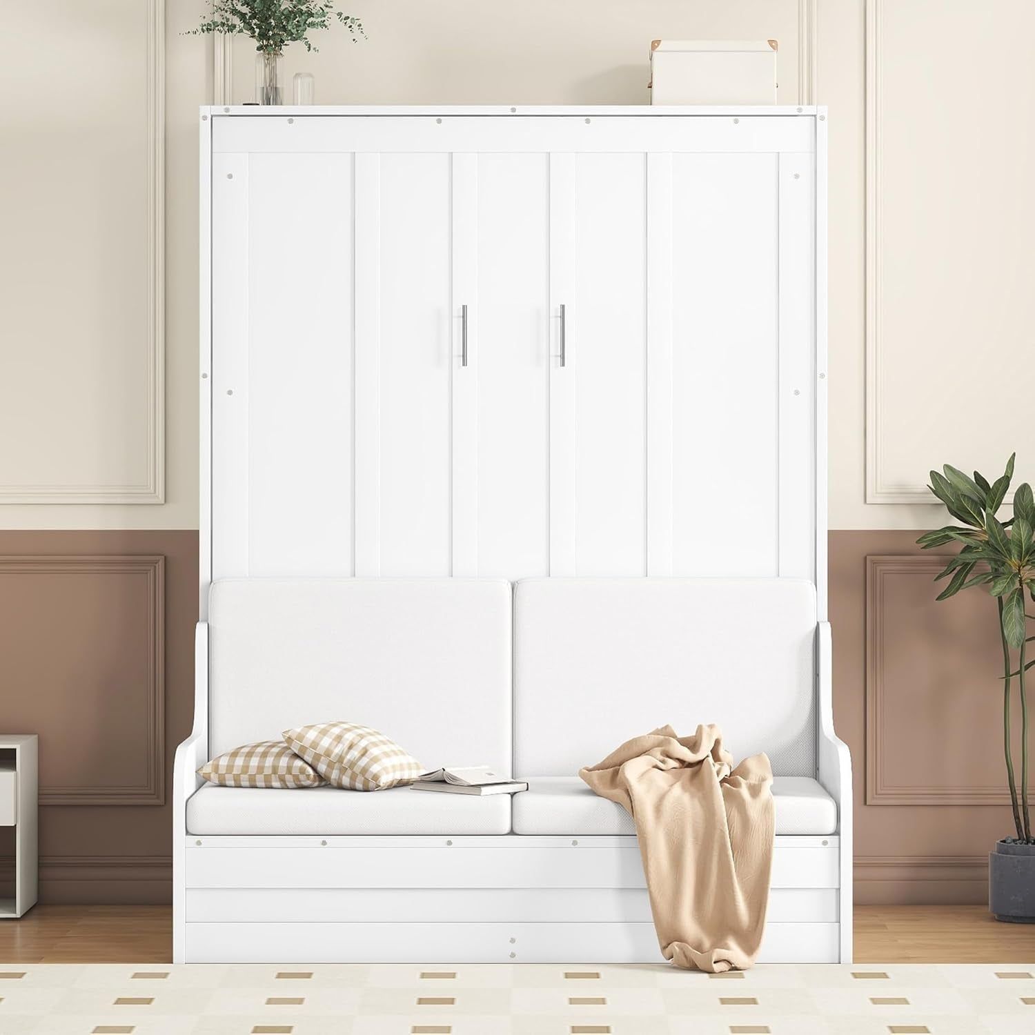 Queen Murphy Bed with Sofa and Wood Wall Cabinet
