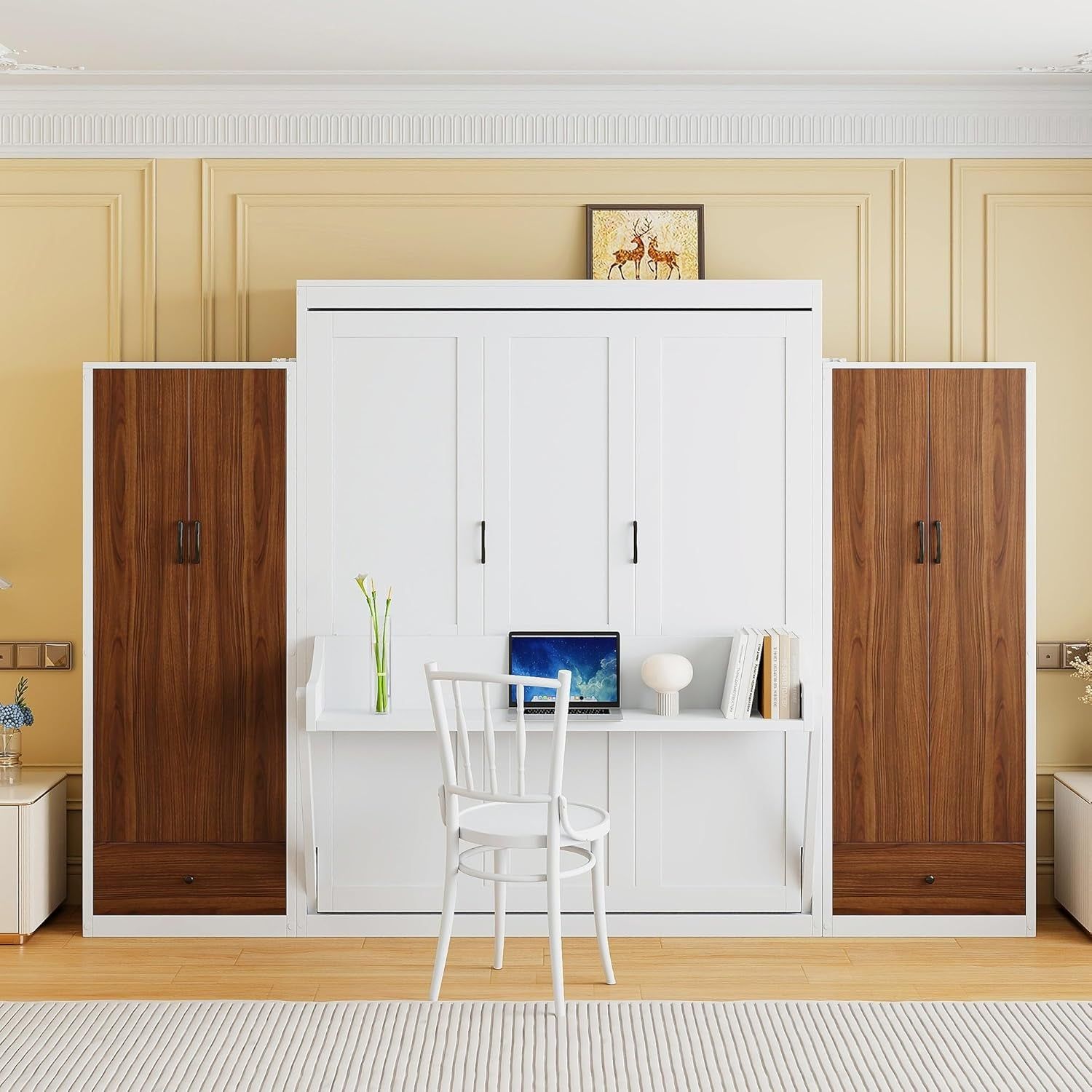 Queen Size Solid Wood Rattan Murphy Bed Cabinet