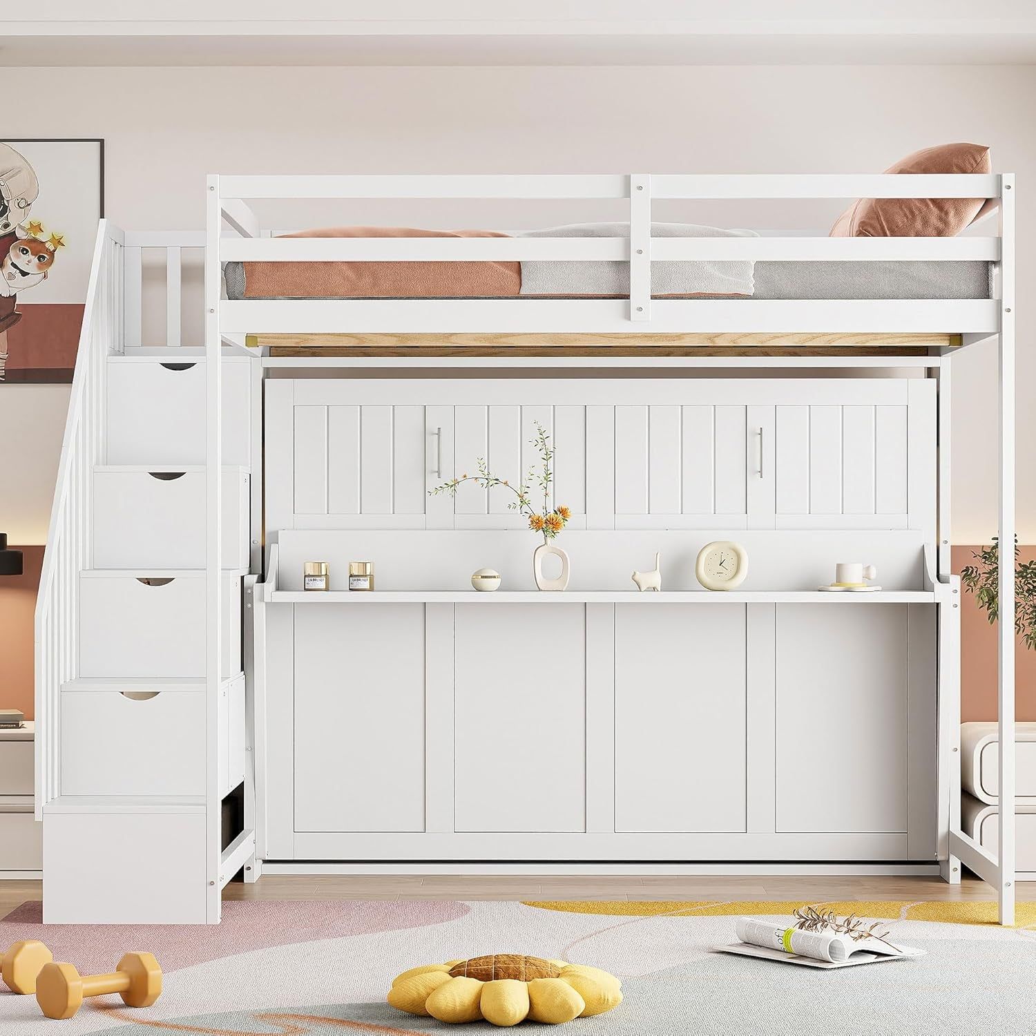 Wooden Queen Murphy Bed with Shelves White