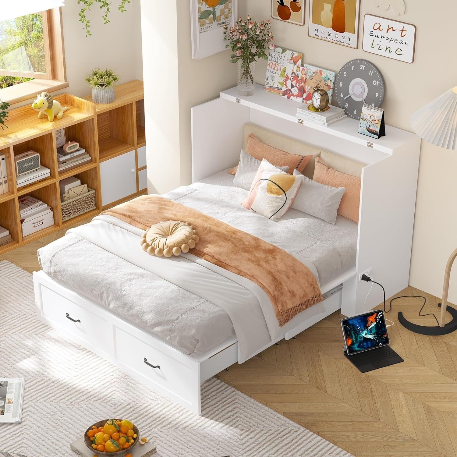 Queen White Foldable Murphy Bed with Power