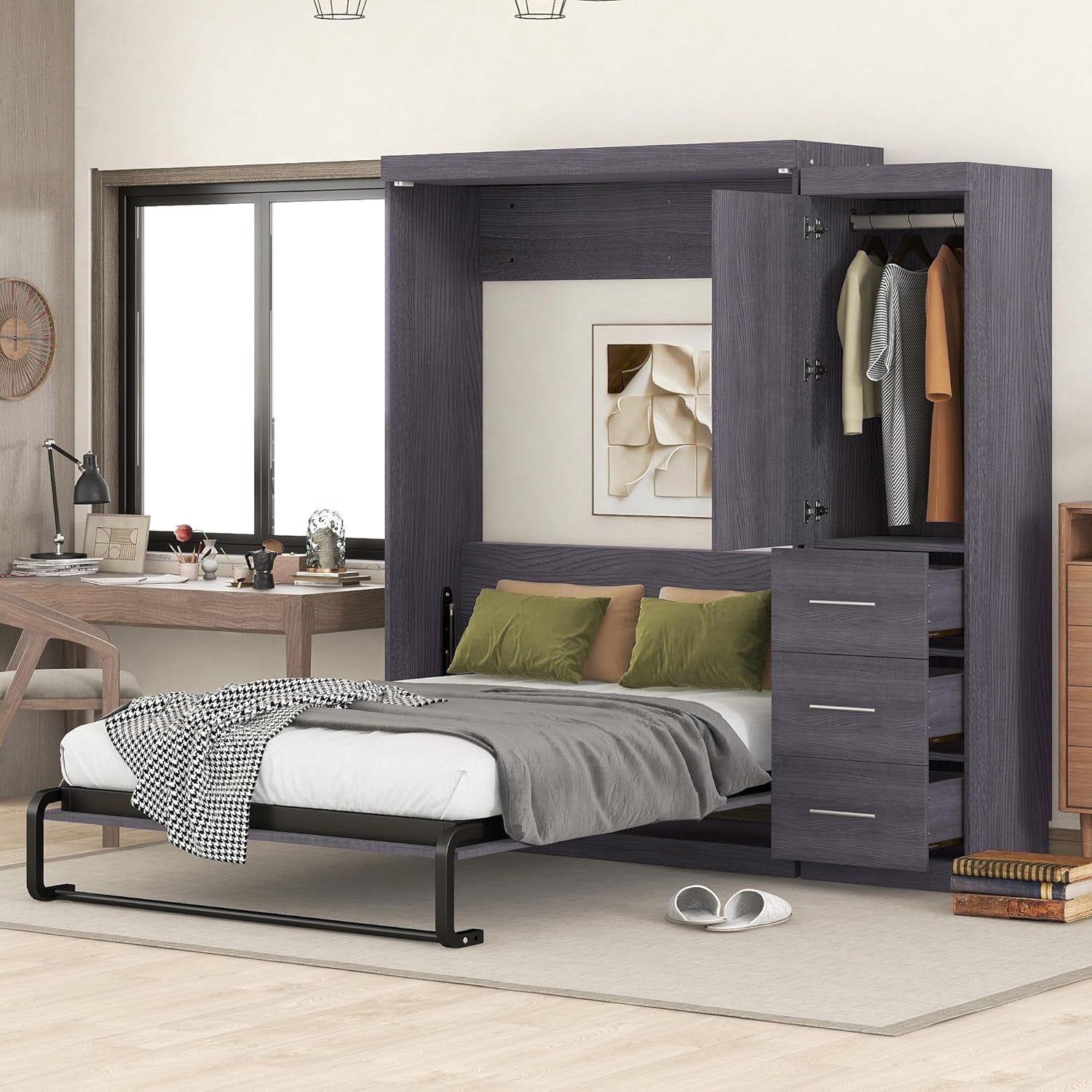 Twin Size Wood Murphy Bed with Storage for Small Spaces