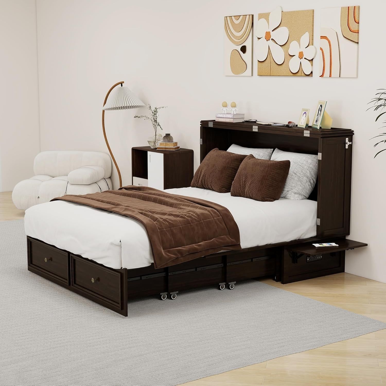Full Murphy Bed Ebony Wood Storage USB