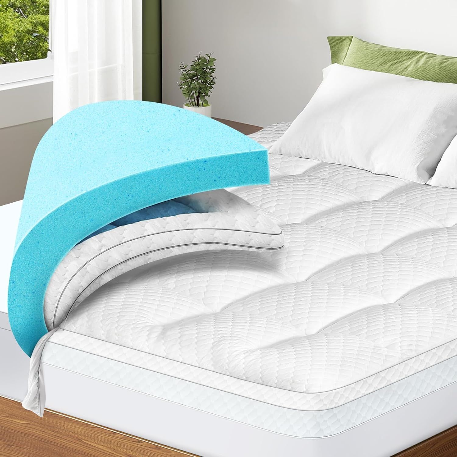 Dual Layer 3 Inch Memory Foam Mattress Topper Queen Size, 2 Inch Cooling Gel Memory Foam plus 1 Inch Pillow Top Mattress Pad Cover, with 8-21 Inch Deep Pocket