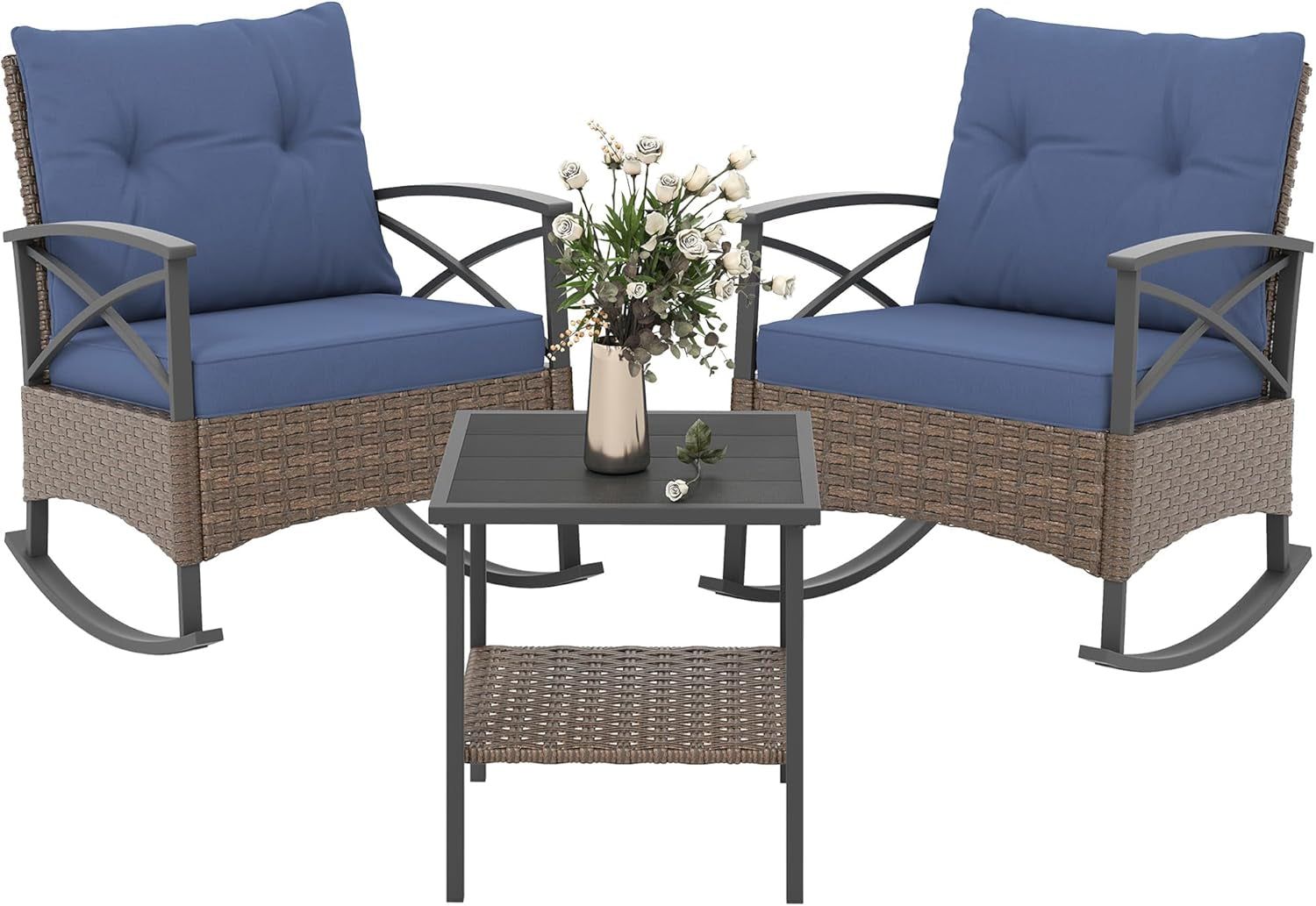 Outdoor Wicker Rocking Chair Set with Cushions and Table