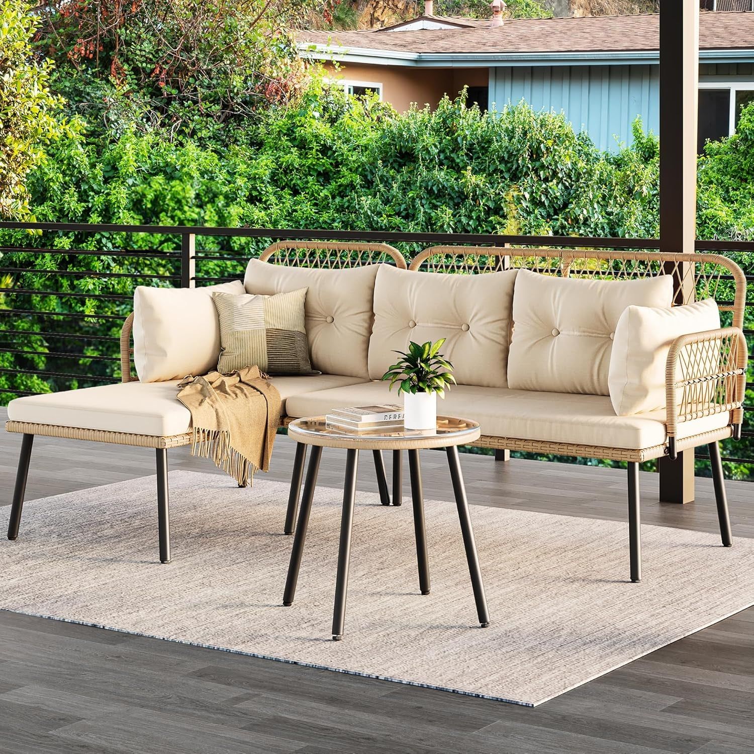 L Shaped Outdoor Loveseat Sectional Set with Cushions