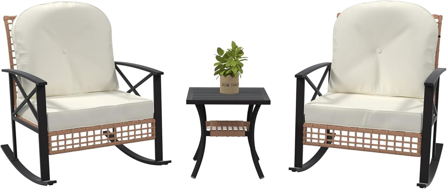 Rattan Rocking Bistro Set With Cushions For Outdoors