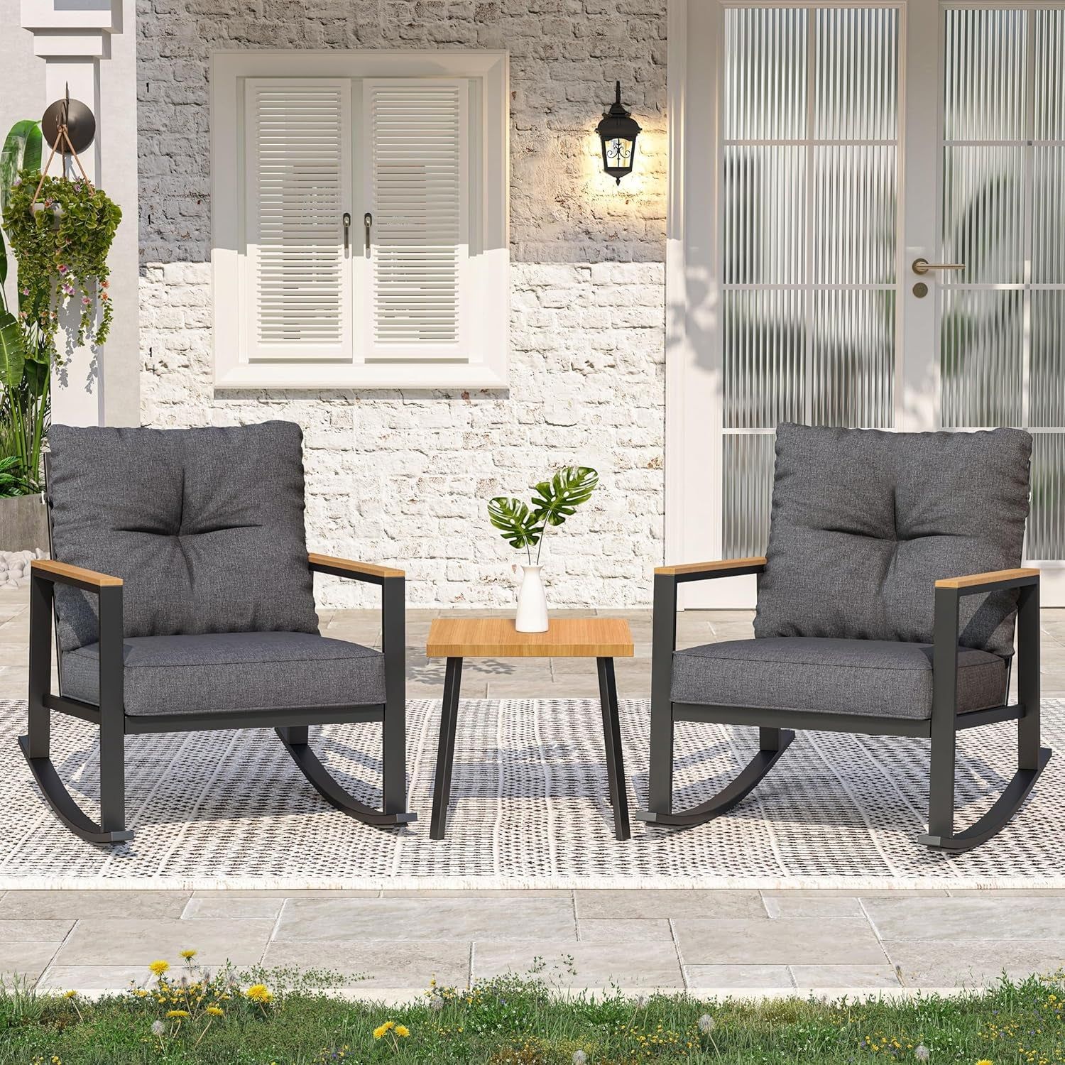 Outdoor Rocking Bistro Set with Thick Cushions