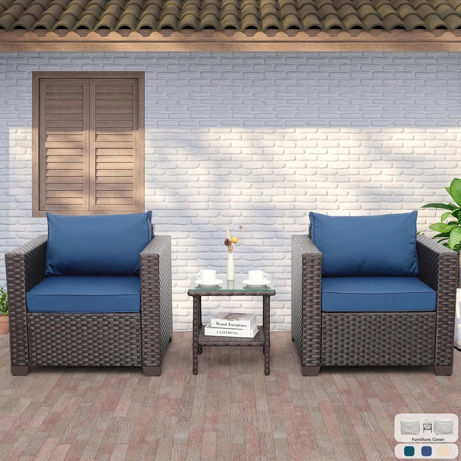 3 Piece Patio Set with Non-Slip Navy Cushions