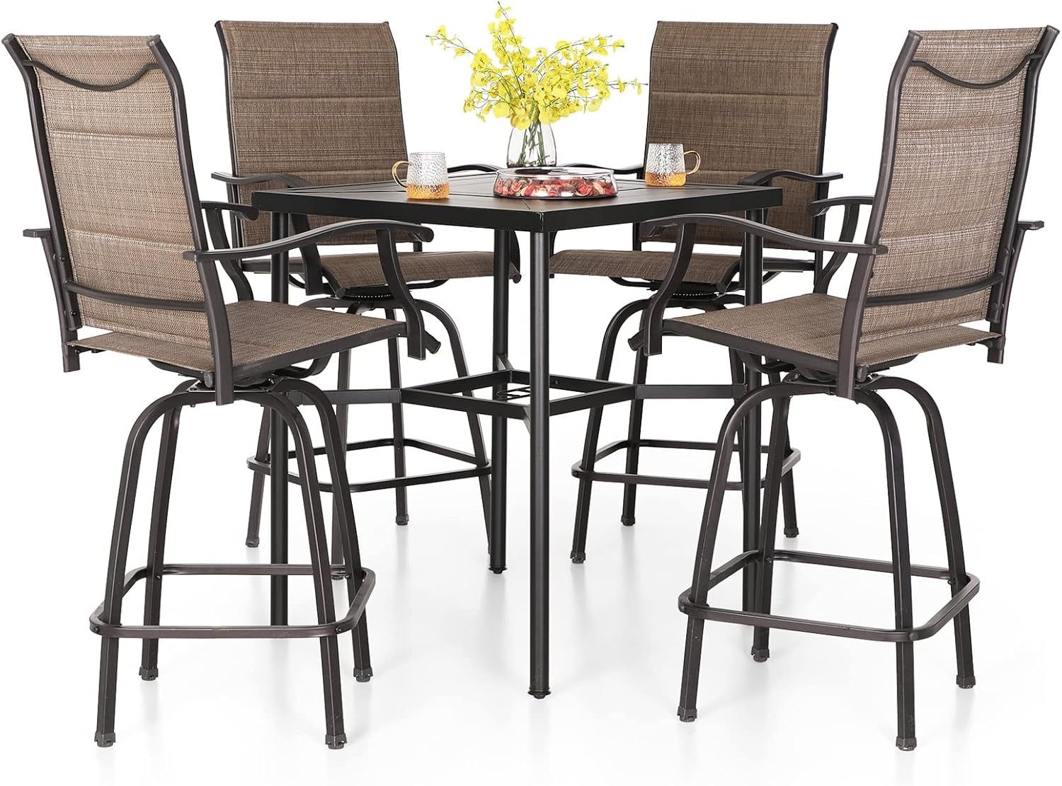 Five Piece Patio Bar Set with Swivel Padded Stools