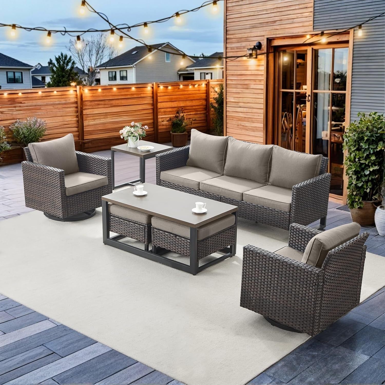Seven Piece Outdoor Wicker Patio Furniture Set With Swivel Rockers