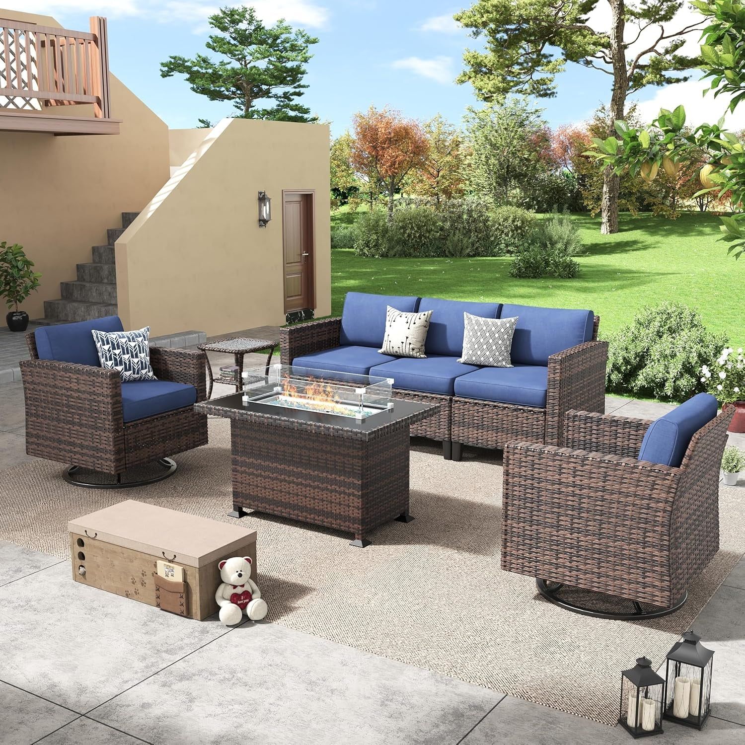 Navy Patio Furniture Set with Fire Pit Table