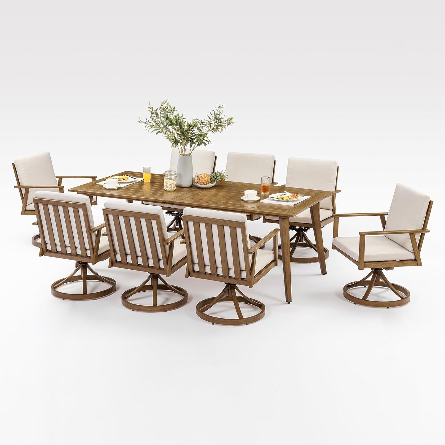 Nine Piece Outdoor Patio Dining Set with Swivel Chairs