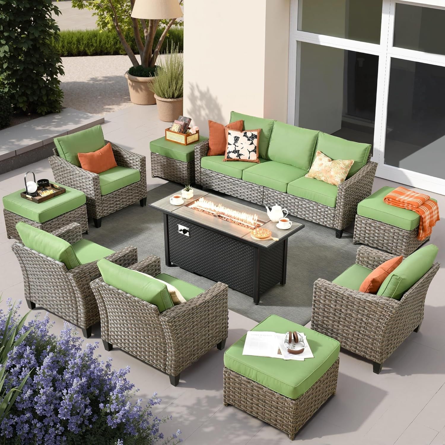 10 Piece Outdoor Patio Furniture Set with Fire Pit