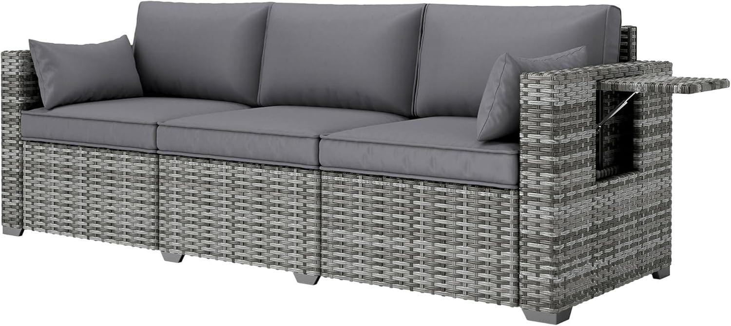 Three Seater Wicker Sofa with Side Tray Tables