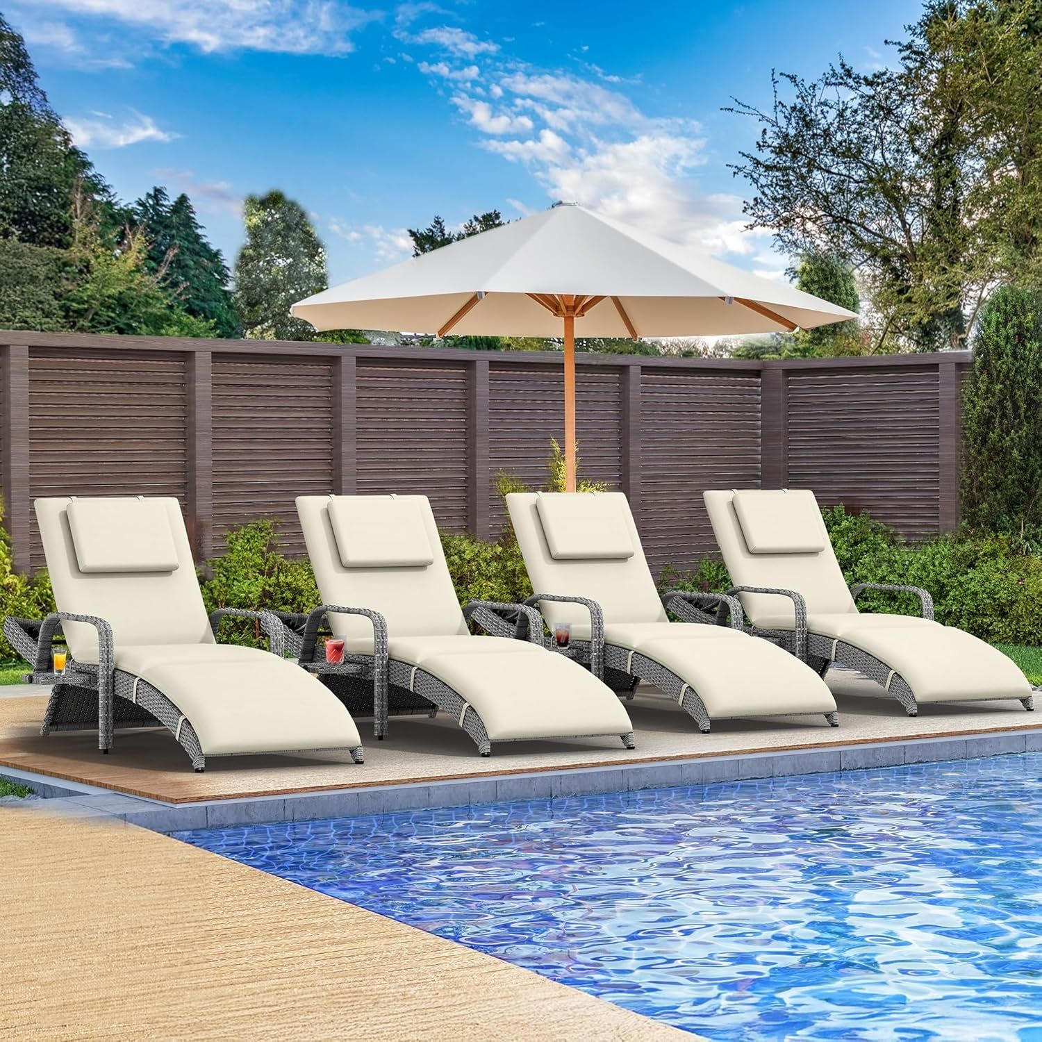 Outdoor Wicker Lounge Chair Set with Adjustable Backrest
