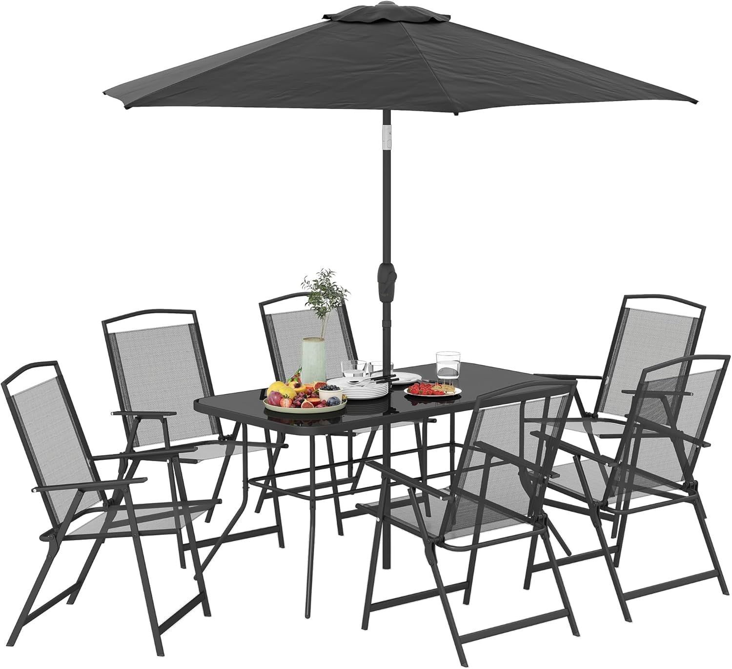 Eight Piece Outdoor Patio Dining Set with Umbrella