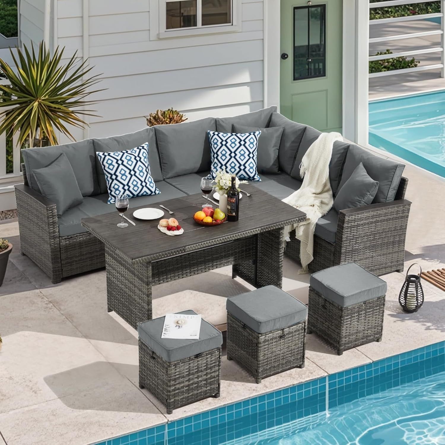 Seven Piece Outdoor Patio Furniture Set with Cushions
