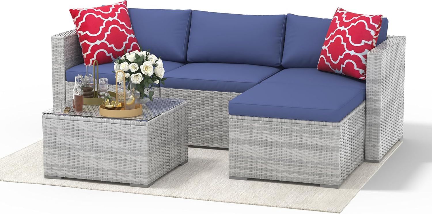 Rattan Outdoor Patio Furniture Set With Cushions And Ottoman
