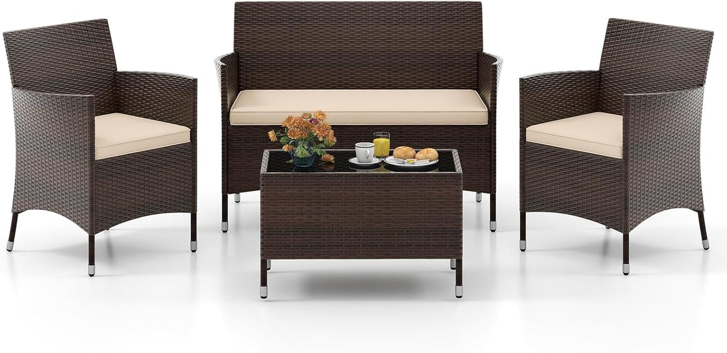 4-Piece Outdoor Rattan Conversation Set with Cushions