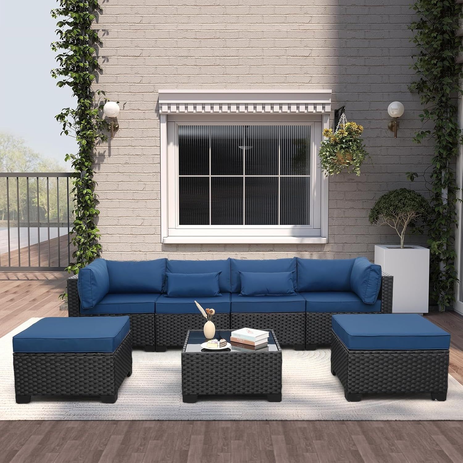 Seven Piece Patio Rattan Sofa Set with Cushions