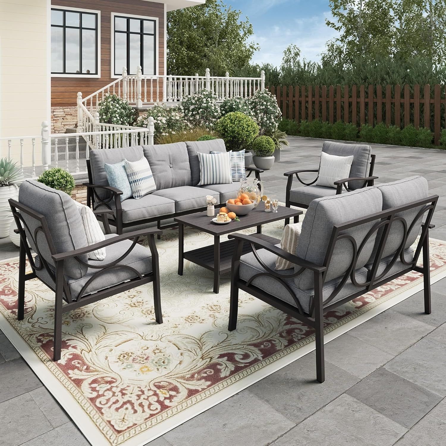 Five-Piece Outdoor Metal Sectional Furniture Set with Cushions