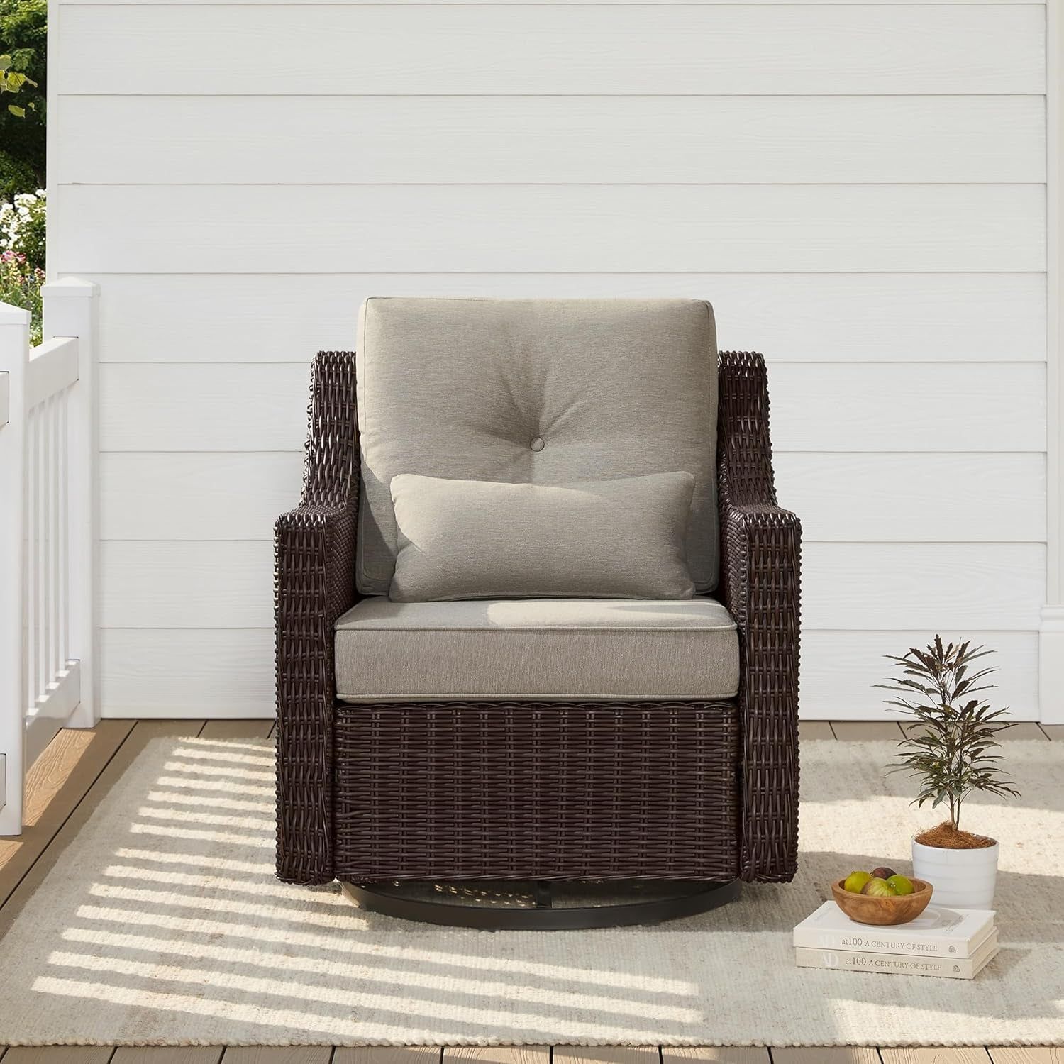 Outdoor Wicker Rocking Chair with Thick Cushions and Swivel