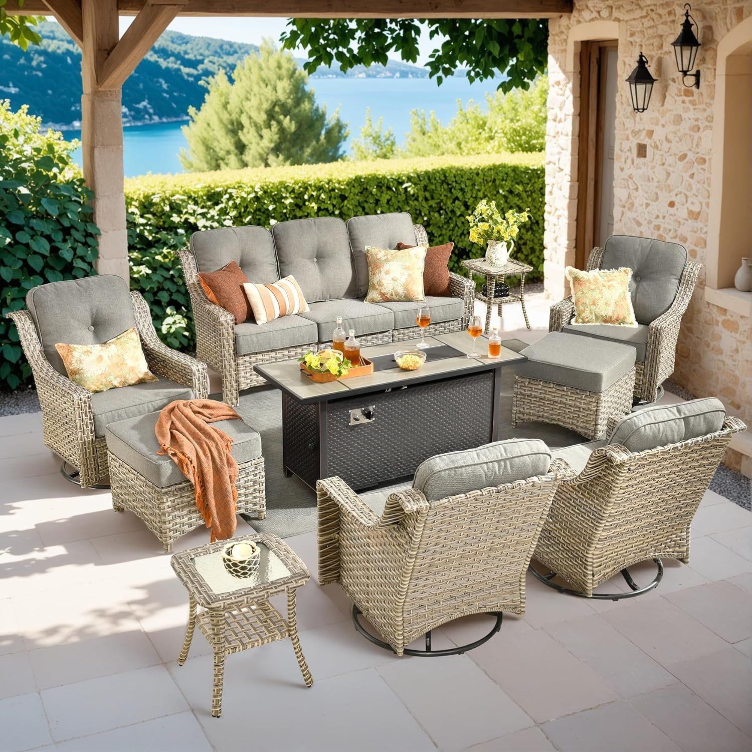 10 Piece Outdoor Patio Furniture Set with Fire Pit
