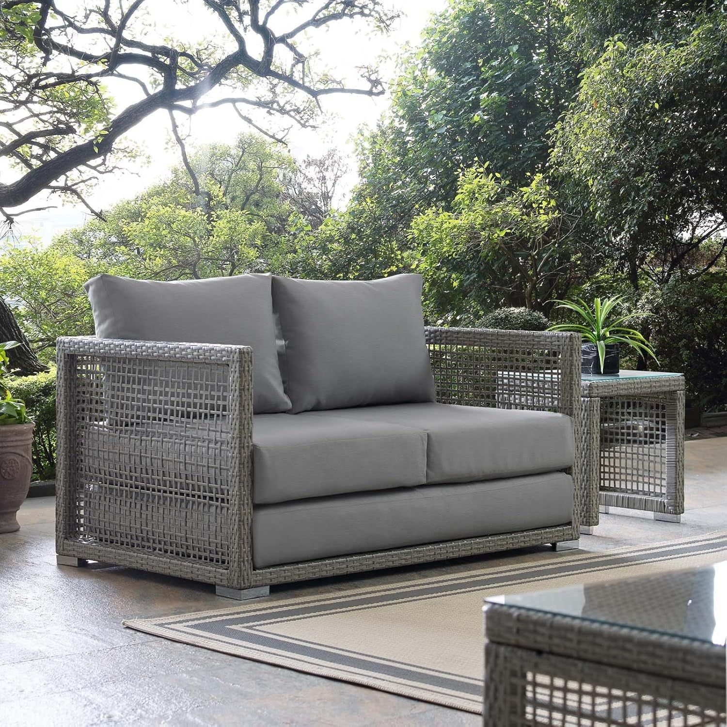Modern Gray Wicker Rattan Loveseat for Outdoor Spaces