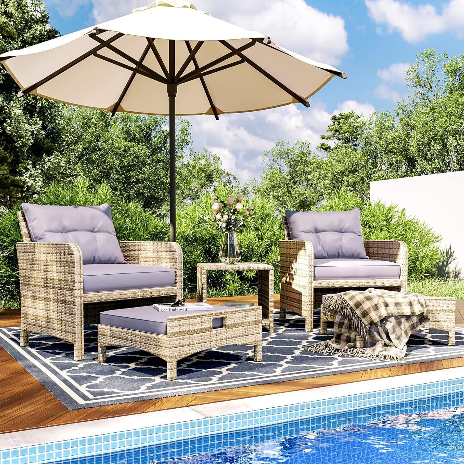 Five Piece Outdoor Wicker Chair Set with Ottoman