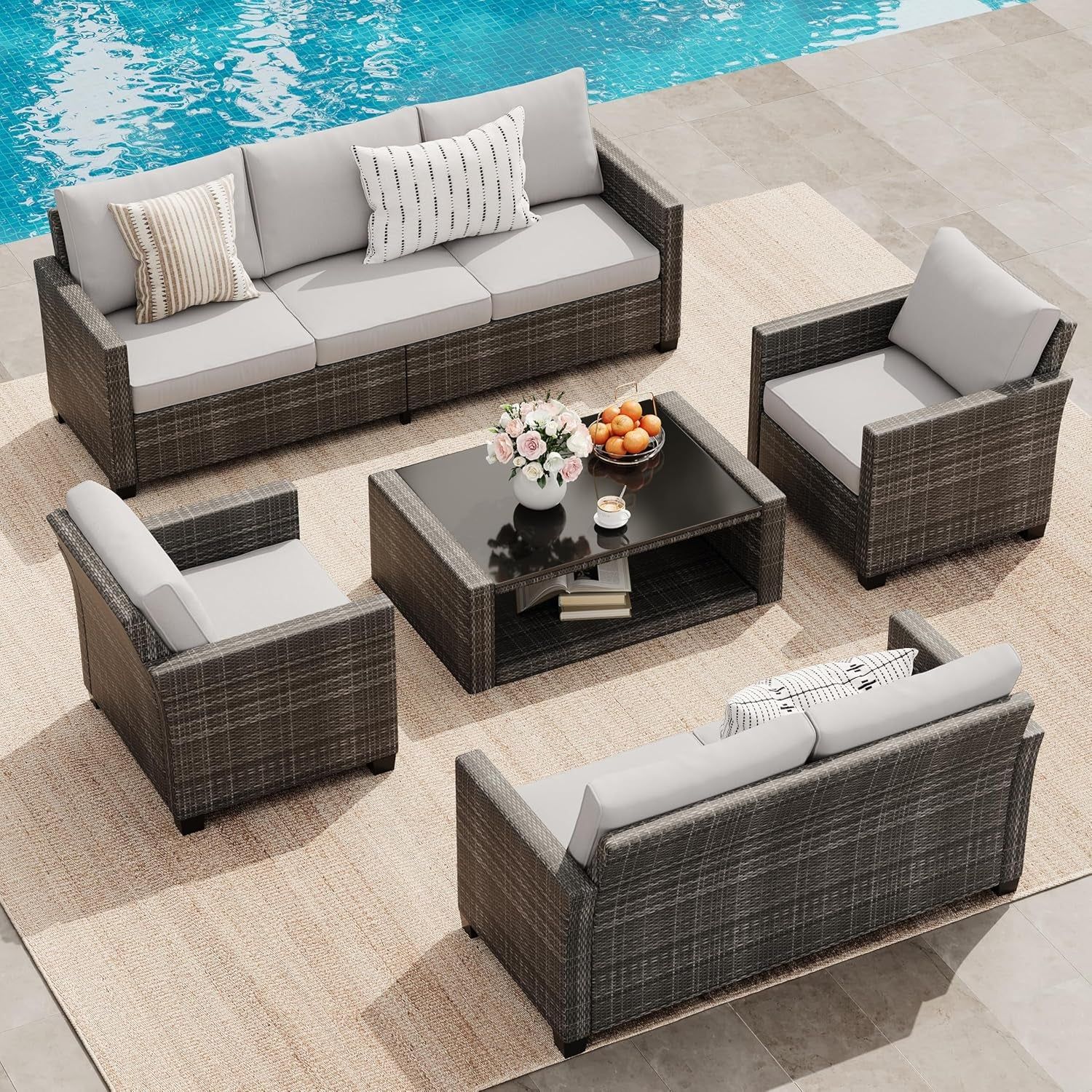 Seven Seat Outdoor Patio Furniture Set with Storage Table