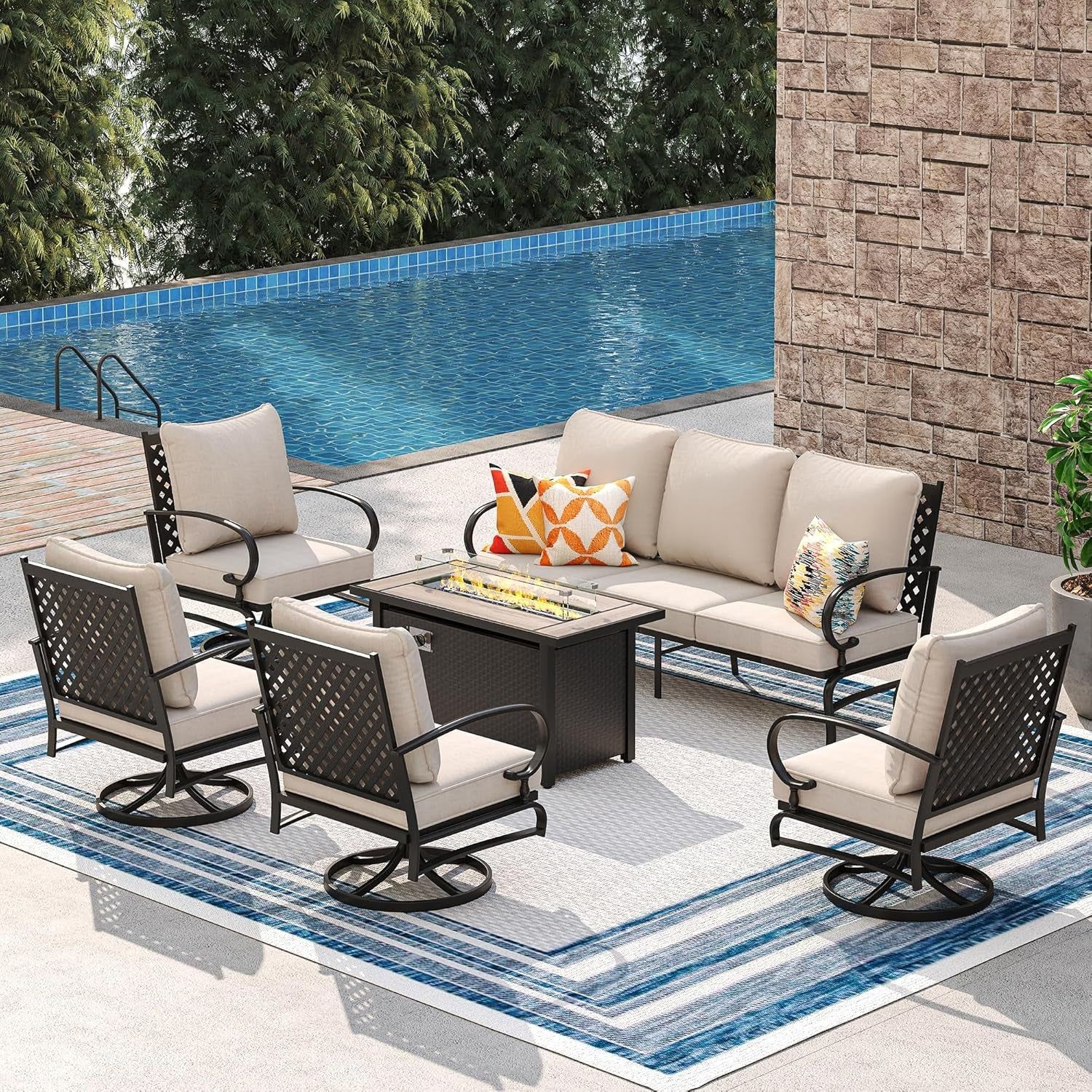 Six Piece Outdoor Patio Furniture Set with Firepit