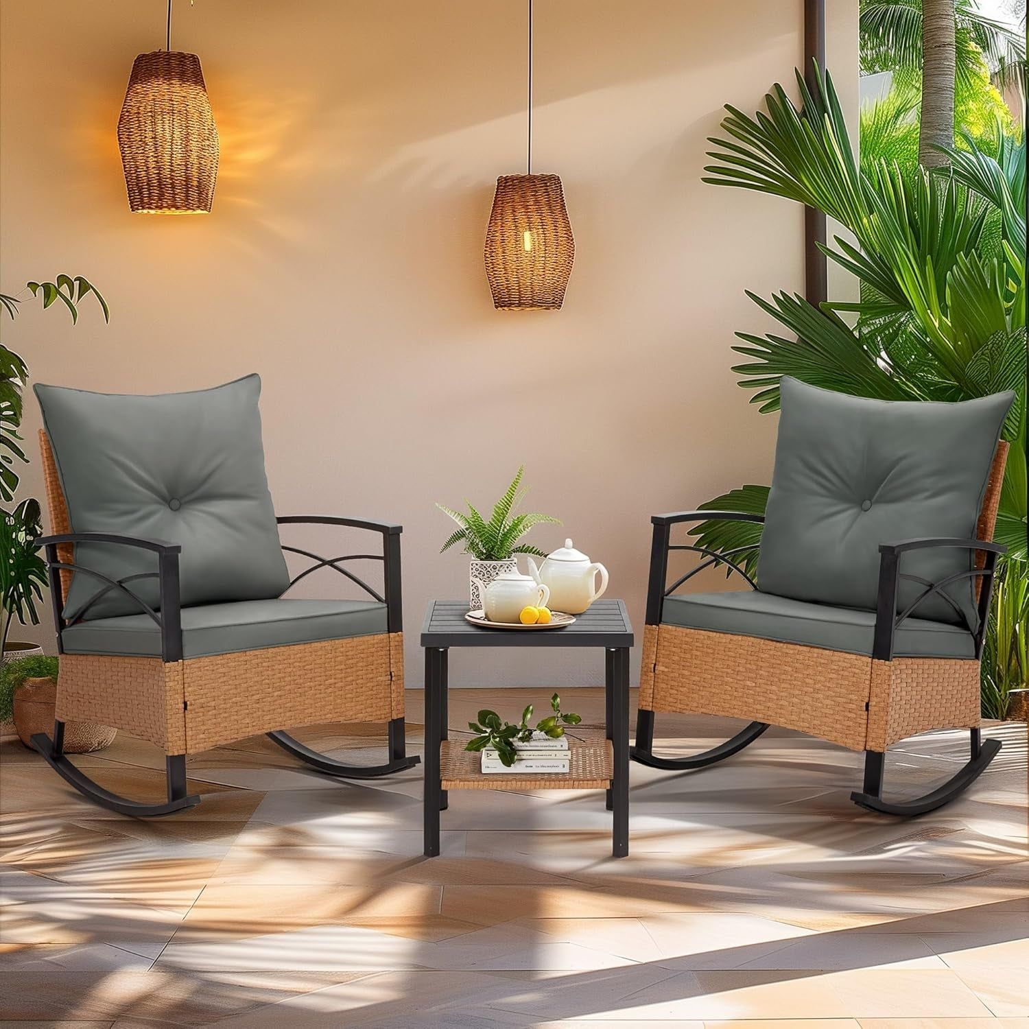 Outdoor Rocking Chair Set with Thick Cushions and Table