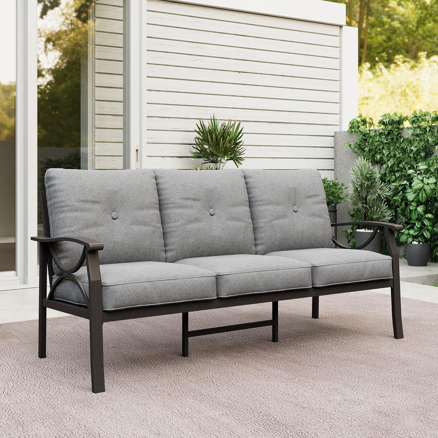 Elegant All-Weather Patio Sofa with Comfortable Gray Cushions