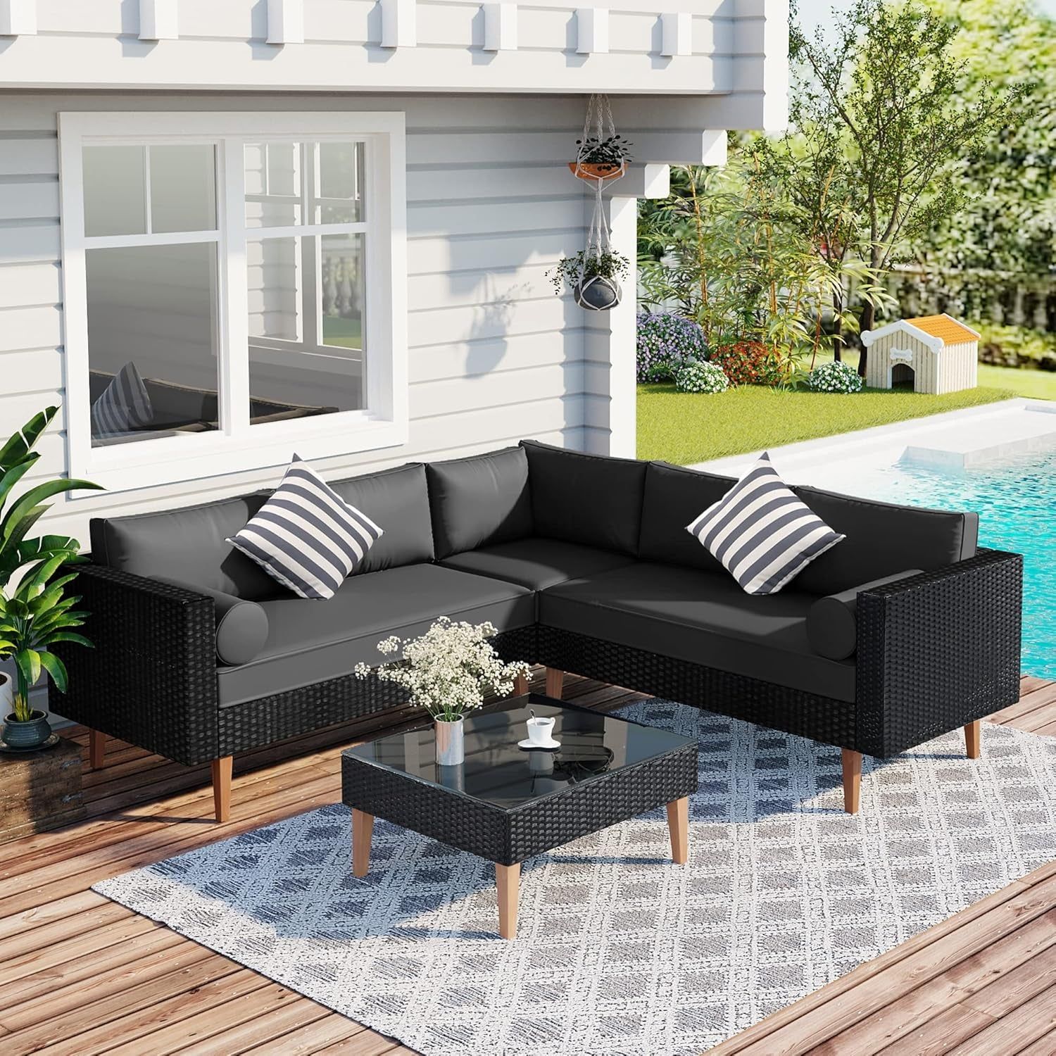 L-Shaped Outdoor Wicker Sofa Set with Colorful Pillows