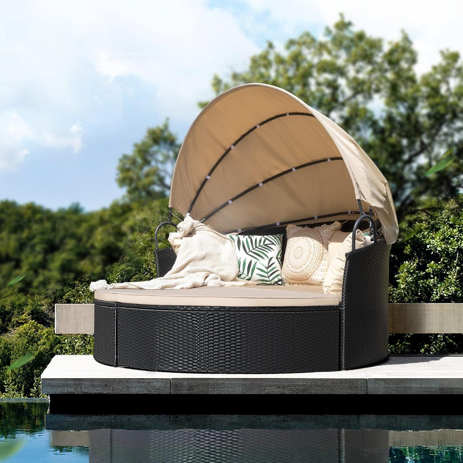 Beige Outdoor Daybed With Retractable Canopy And Comfort