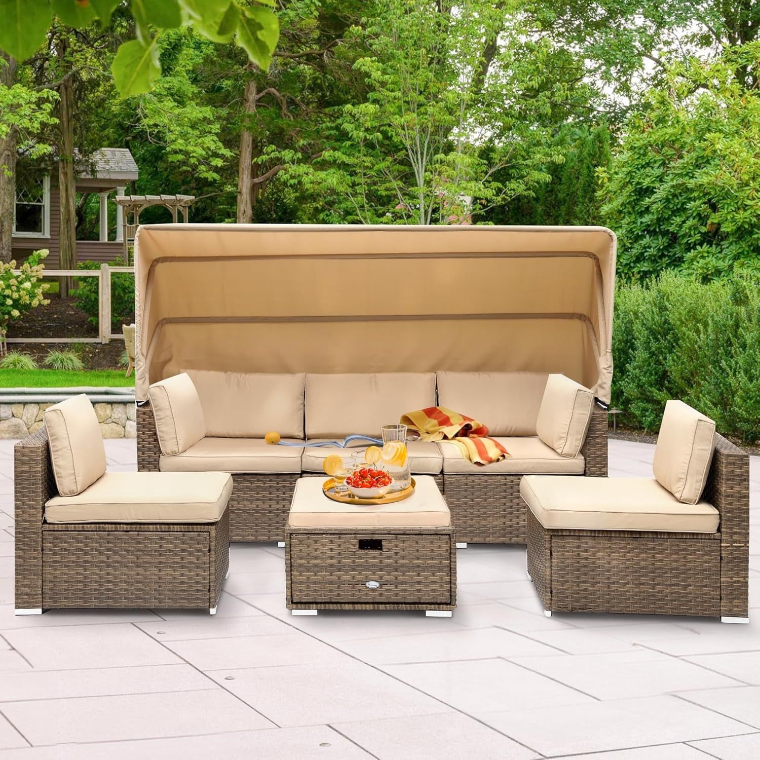 Outdoor Patio Wicker Daybed Set with Canopy Cushions