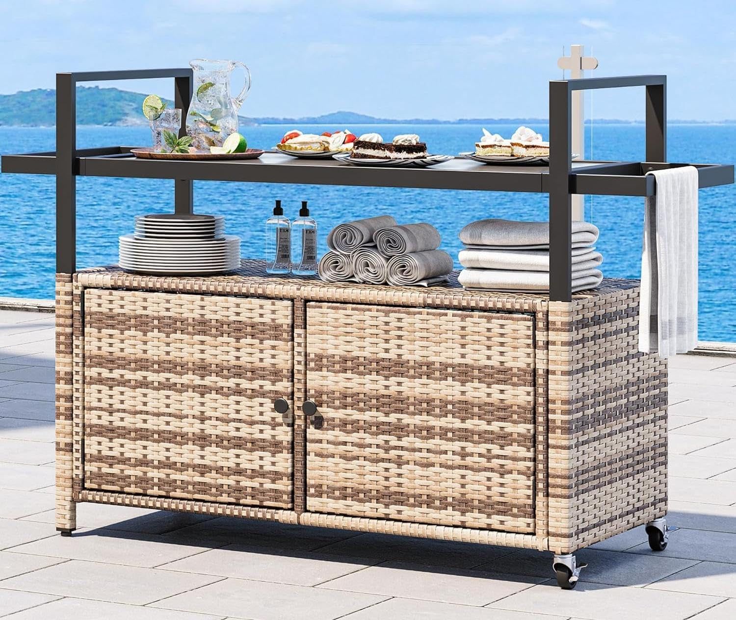Large Outdoor Kitchen Rolling Cart With Black Glass Top
